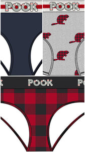 Pook Women's Underwear (3 PACK) - Black, Red Plaid, Beaver